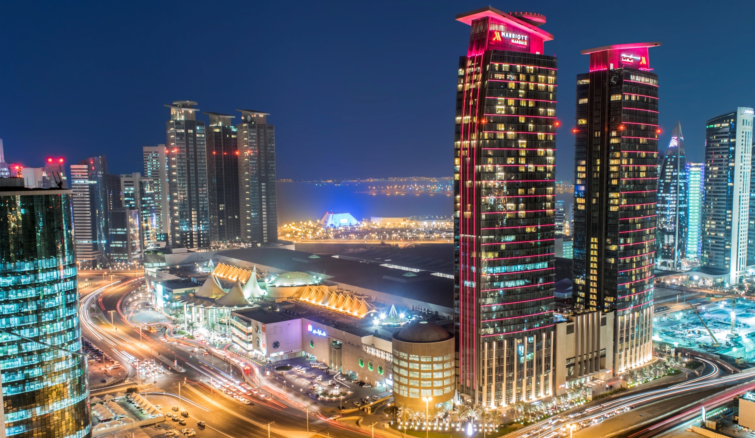 A panoramic picture of Marriot Marquis and City Center Doha Mall from outside in the Center of Doha DECC, west bay